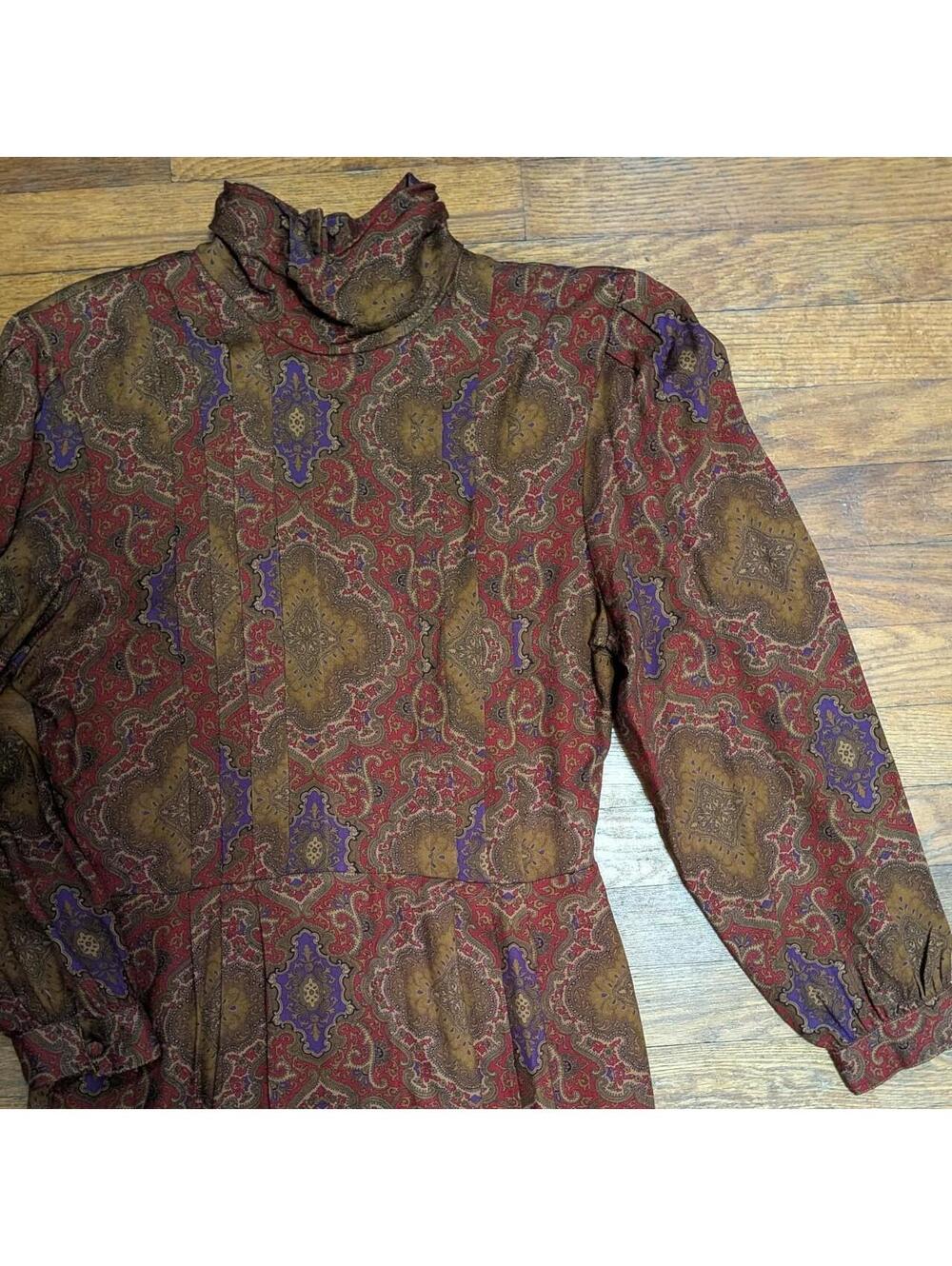 Vintage 80s Baroque Paisley Midi Dress High Neck Rayon Oxford & Lofton